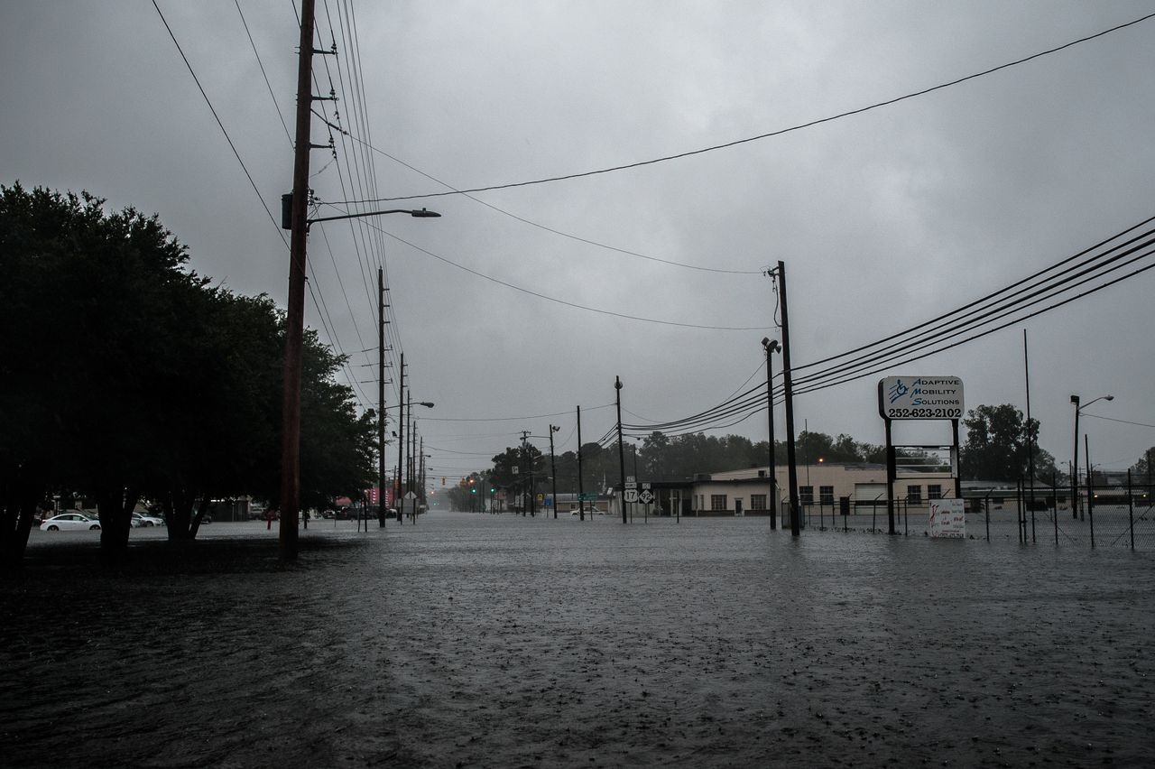 A view looking east down Fifth Street in the flooded downtown area of Washington, North Carolina, on Friday morning.