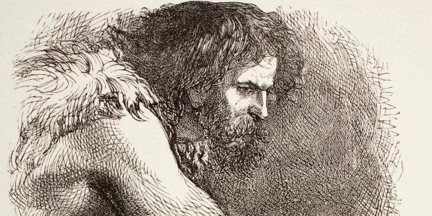 Timon In His Cave From Timon Of Athens By William Shakespeare. Prehistoric Man, Bearded And Dressed In Animal Skins. From The Illustrated Library Shakspeare, Published London 1890. (Photo by: Universal History Archive/UIG via Getty Images)