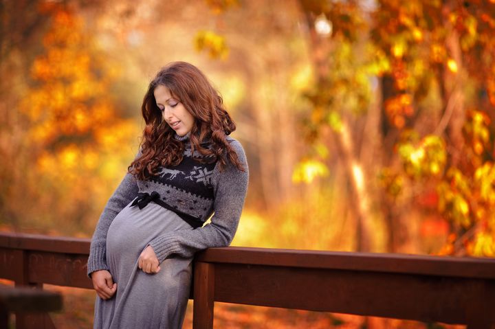 Autumn portrait of happy lovely and beautiful caucasian young pregnant woman in forest in fall color