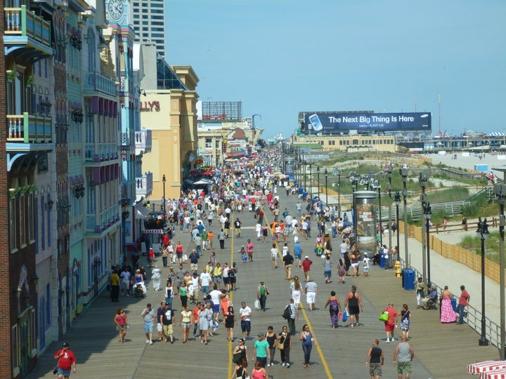 description 1 View of the Atlantic City Boardwalk, looking north from the skyway at Caesars Atlantic City, in Atlantic City, NJ, US | date ... 