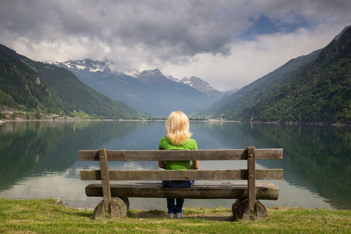 bench in the high mountains at...