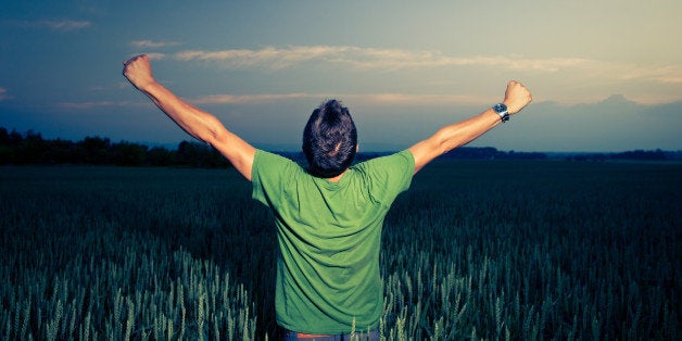 Young man enjoying his freedom/rejoicing from his success in the countryside, in a wheat field at dusk (color toned image)