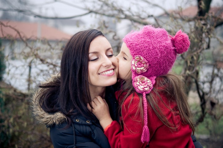 Mother and daughter outside in cold weather