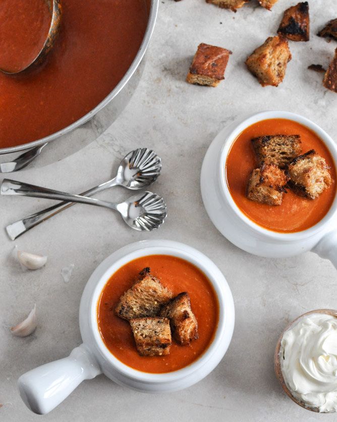 Creamy Tomato Soup With Brown Butter Garlic Croutons