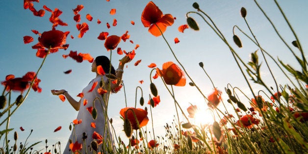 Girl stands in poppy field