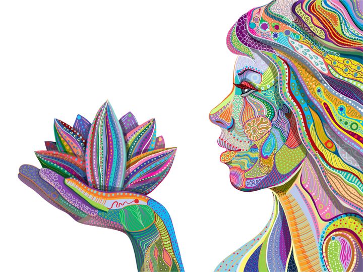 woman face with multicolored indian pattern holding lotus flower, side view, digital painting