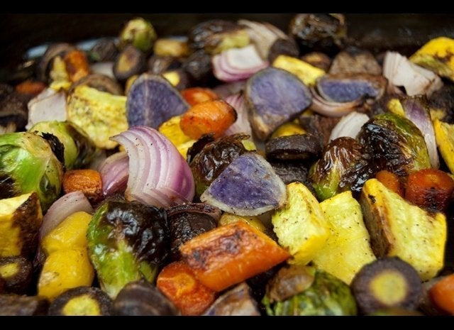 Roasted Purple Potatoes With Red Onion and Purple Carrots 