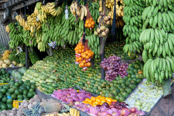 An impressive display of fresh tropical fruits at a roadside stand in Sri Lanka.