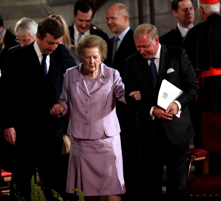 LONDON, ENGLAND - SEPTEMBER 17: Margaret Thatcher arrives at Westminster Hall on September 17, 2010 in London, United Kingdom. During the four day state visit Pope Benedict will celebrate mass, conduct a prayer vigil as well as beatify Cardinal Newman at an open air mass in Cofton Park. His Holiness has met The Queen in Scotland as well as political and religious representatives. (Photo by Paul Rogers - WPA Pool/Getty Images)