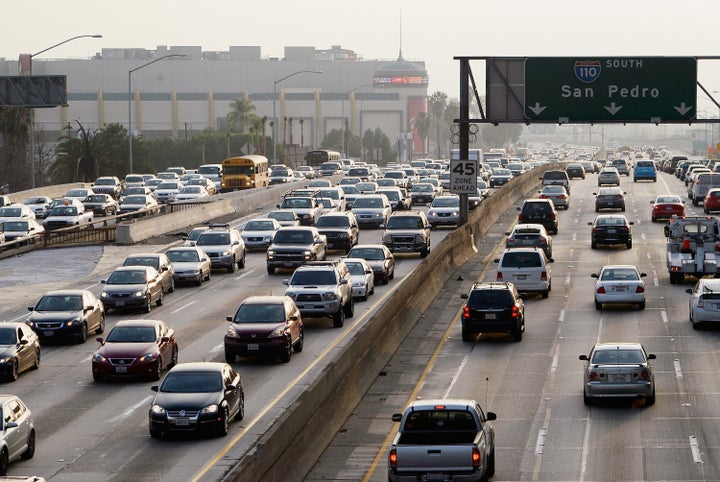 LOS ANGELES, CA - FEBRUARY 05: Traffic on the northbound and southbound lanes of the 110 Harbor Freeway starts to stack up during rush hour traffic on February 5, 2013 in Los Angeles, United States. According to a report, traffic congestion was the second-worst in the country in the greater Los Angeles area. An average commuter spent 61 hours delayed in traffic during 2011. The cost of the wasted time and gas is about $1,300 per commuter according to a report. (Photo by Kevork Djansezian/Getty Images)