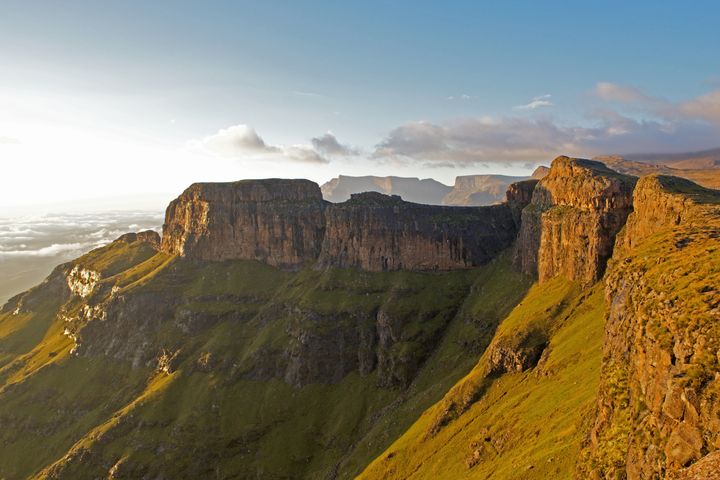 The Drakensberg ('the Dragon Mountains') is the highest mountain range in Southern Africa, rising to 3, 482 meters (11, 424 ft) in height. In Zulu, it is referred to as uKhahlamba ('barrier of spears'), and in Sesotho as Maluti (also spelled Maloti).