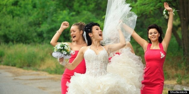 happy bridesmaids enjoying with ...