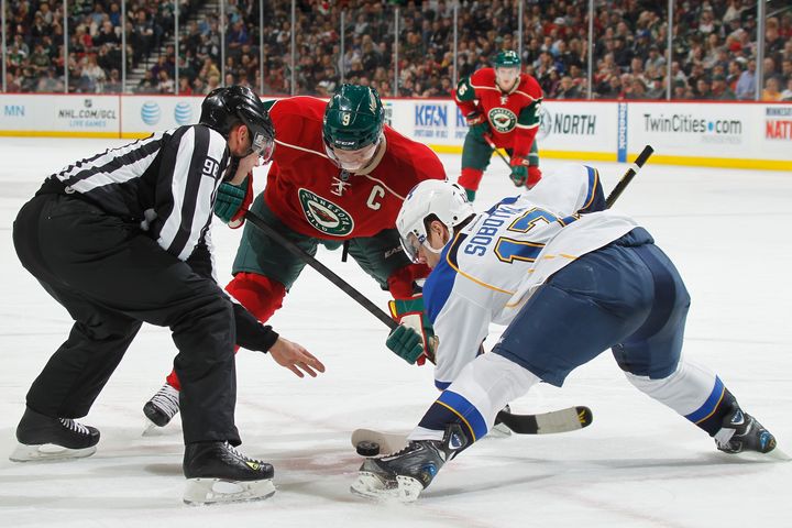 ST. PAUL, MN - APRIL 11: Vladimir Sobotka #17 of the St. Louis Blues takes a faceoff against Mikko Koivu #9 of the Minnesota Wild during the game on April 11, 2013 at the Xcel Energy Center in Saint Paul, Minnesota. (Photo by Bruce Kluckhohn/NHLI via Getty Images)