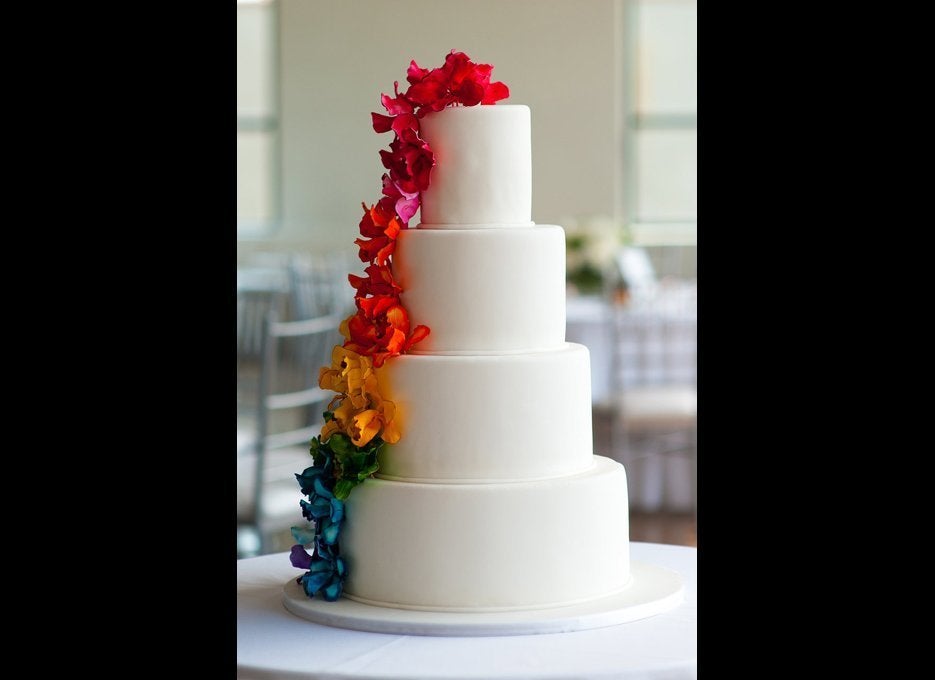 White Wedding Cake with Rainbow Sugar Flowers