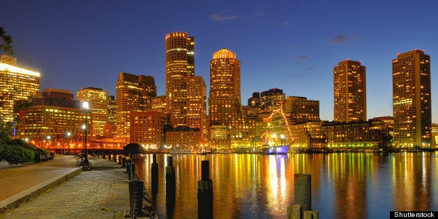 boston harbor and cityscape at...