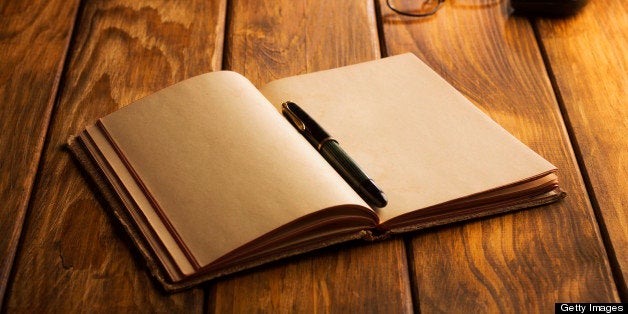 Vintage desk set up. Antique eyeglasses, old notepad - book, fountain pen, spectacles on wooden table.