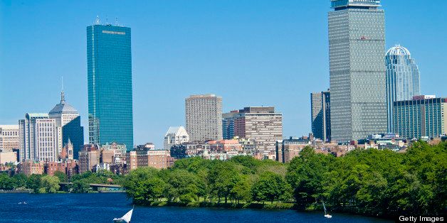Financial District in Boston, Massachusetts, with Charles River.