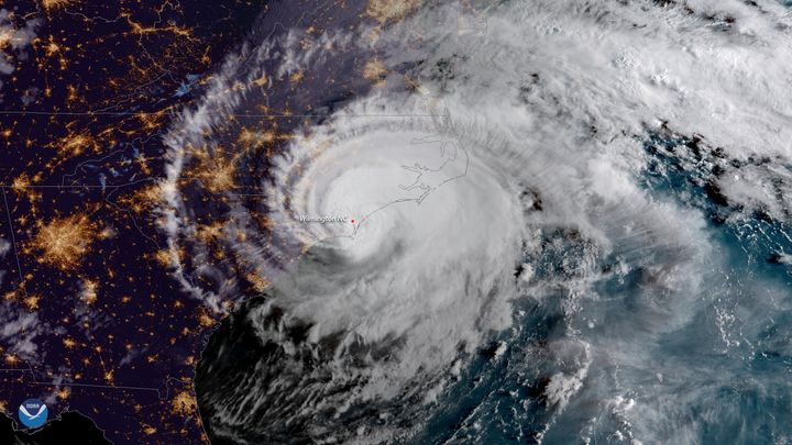 Hurricane Florence is shown from a National Oceanic and Atmospheric Administration (NOAA) #GOESEast satellite shortly after the storm made landfall near Wrightsville Beach, North Carolina, US, 14 September.