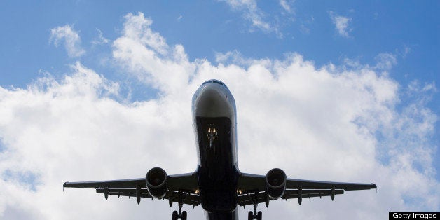 USA, New York State, New York City, Low angle view of flying airplane