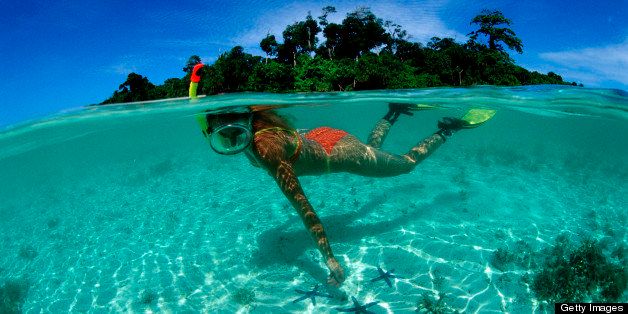 Skindiving, Skin diver, split image, Pacific ocean, Borneo, Lankayan, Malaysia