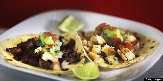 EAST BOSTON, MA - MARCH 27: Beef and chicken tacos from Que Padre in East Boston, Wednesday, March 27, 2013. (Photo by Wendy Maeda/The Boston Globe via Getty Images)