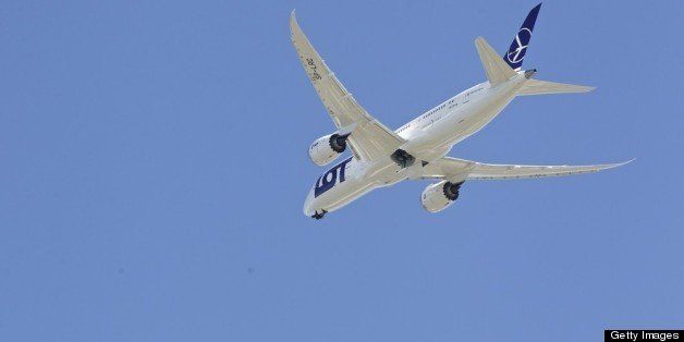 EVERETT, WASHINGTON - MARCH 25: A LOT Polish Airlines Boeing 787 Dreamliner, with a redesigned lithium ion battery, flies north during a test flight March 25, 2012 at Paine Field in Everett, Washington. The 787 has been grounded since January after problems with the lithium ion battery. (Photo by Stephen Brashear/Getty Images)
