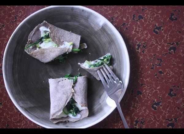 Buckwheat Crepes with Spinach, Leeks, and Gruyere