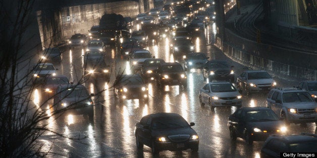 CHICAGO, IL - APRIL 18: Traffic backs up near a flooded section of the Kennedy Expressway on April 18, 2013 in Chicago, Illi