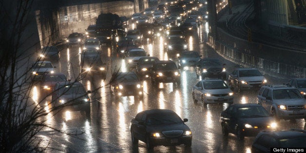 CHICAGO, IL - APRIL 18: Traffic backs up near a flooded section of the Kennedy Expressway on April 18, 2013 in Chicago, Illinois. Thunderstorms dumped up to 5 inches of rain on parts of the Chicago area overnight, closing sections the Edens, Eisenhower and Kennedy expressways, which lead to and from downtown, during the morning rush. (Photo by Scott Olson/Getty Images)