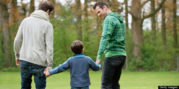 Rear view of a boy walking with two men in a park