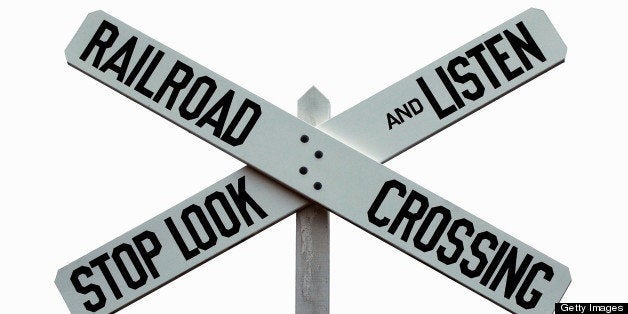 This vintage railroad crossing sign is different from the ones currently in use. This important message, no longer used in to