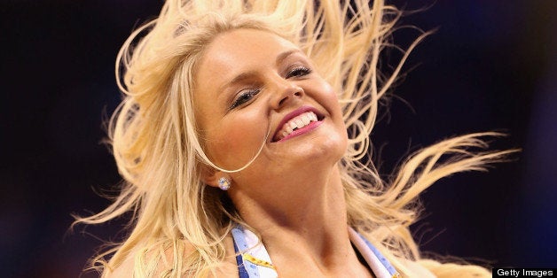 OKLAHOMA CITY, OK - APRIL 21: Oklahoma City Thunder cheerleader, Kelsey Williams, performs during Game One of the Western Conference Quarterfinals of the 2013 NBA Playoffs against the Houston Rockets at Chesapeake Energy Arena on April 21, 2013 in Oklahoma City, Oklahoma. NOTE TO USER: User expressly acknowledges and agrees that, by downloading and or using this photograph, User is consenting to the terms and conditions of the Getty Images License Agreement. (Photo by Christian Petersen/Getty Images)