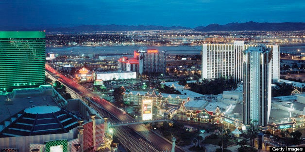 USA, Nevada, Las Vegas, view from hotel room of Vegas Strip, dusk