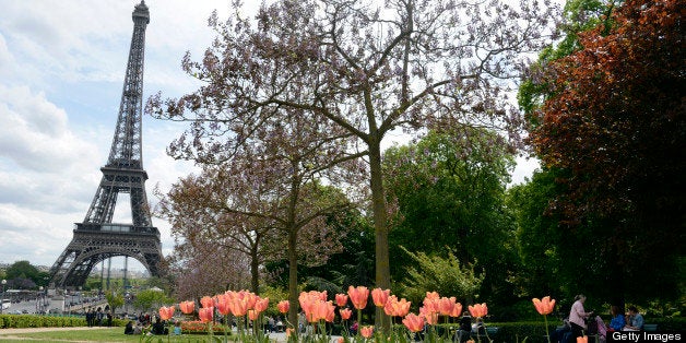 A picture taken on May 9, 2013 in Paris shows tulips and primroses in front of the Eiffel Tower. AFP PHOTO / BERTRAND GUAY (Photo credit should read BERTRAND GUAY/AFP/Getty Images)