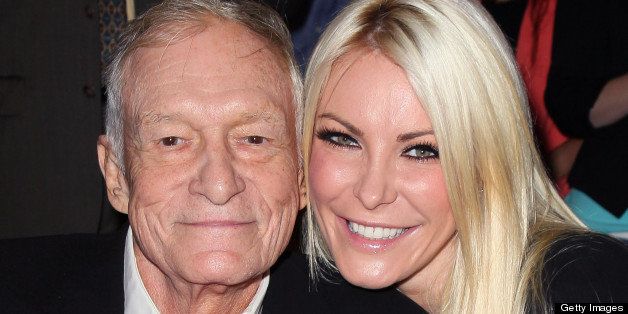 BEVERLY HILLS, CA - AUGUST 07: Playboy founder Hugh Hefner (L) and TV personality Crystal Harris attend the Beverly Hills City Council and Playboy Enterprises, Inc.'s celebration of the return of Playboy headquarters to Beverly Hills on August 7, 2012 in Beverly Hills, California. (Photo by David Livingston/Getty Images)