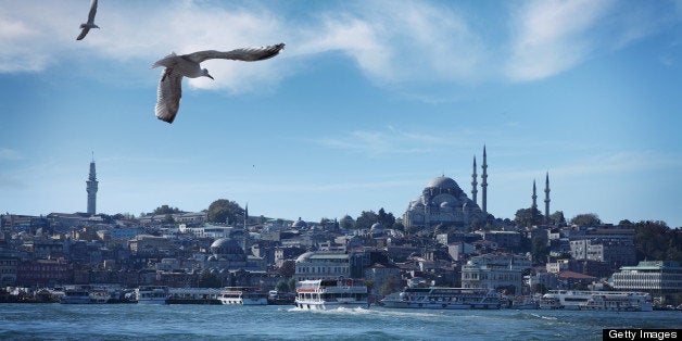 Seagulls Flying Above Bosporus Strait in Istanbul, The Suleiman's Mosque on the Right