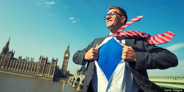 Smiling superhero stands ready for action on a bright day in front of the London skyline at Westminster Palace