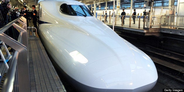 OSAKA, JAPAN - FEBRUARY 08: (CHINA OUT, SOUTH KOREA OUT) New Tokaido Shinkansen bullet train N700A is seen at Shin Osaka Station on February 8, 2013 in Osaka, Japan. The new train, boasting an automated speed control system and a host of passenger-friendly features, makes its commercial debut. (Photo by The Asahi Shimbun via Getty Images)