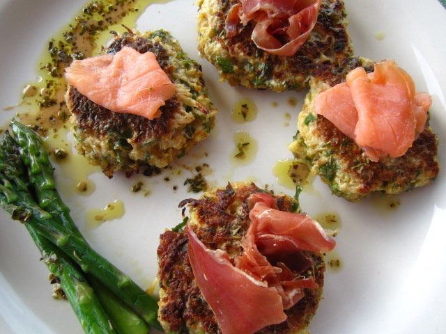 Cauliflower Fritters With Smoked Salmon, Prosciutto, Herbed Dressing