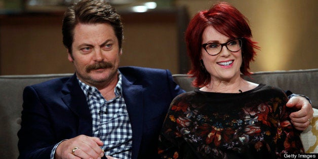 KATHY -- Episode 210 -- Pictured: (l-r) Nick Offerman, Megan Mullally -- (Photo by: Ben Cohen/Bravo/NBCU Photo Bank via Getty Images)