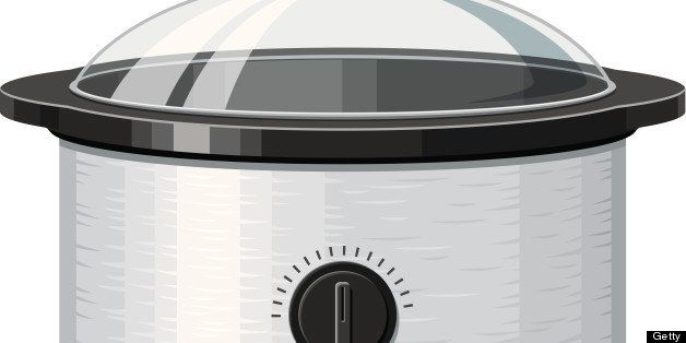 An illustration of a modern stainless steel slow cooker. All elements are properly grouped. The shapes making up the glass lid are transparent (no gradients).