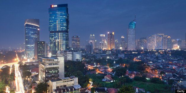 View of the city and skyline during dusk in Jakarta, Indonesia.