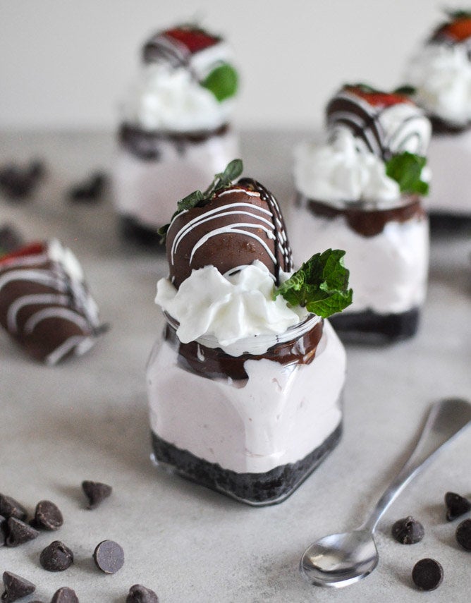 No-Bake Chocolate Covered Strawberry Cheesecakes