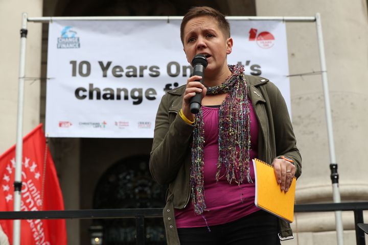 SNP MP Kirsty Blackman speaking at a rally to mark the 10th anniversary of the collapse of Lehman Brothers and the financial crisis