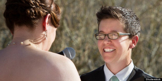 happy lesbian lady reading vows ...