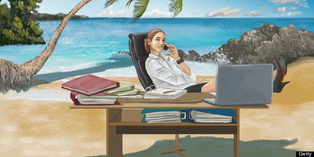 Illustrative image of businesswoman working at desk on island representing business trip
