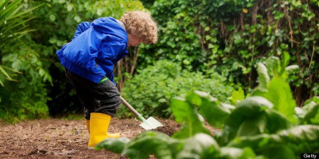 Blonde boy in yellow rubber boots working at grandpa garden.