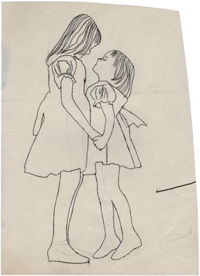 Pencil line sketch of two girls holding hands in the style of /after Andy  Warhol