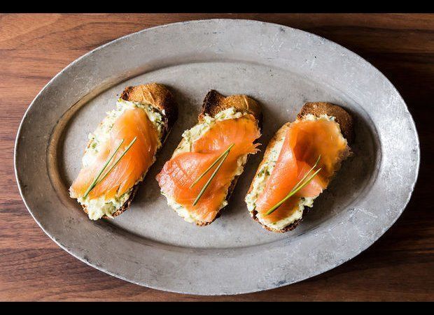 Smoked Salmon on Mustard Chive and Dill Butter Toasts