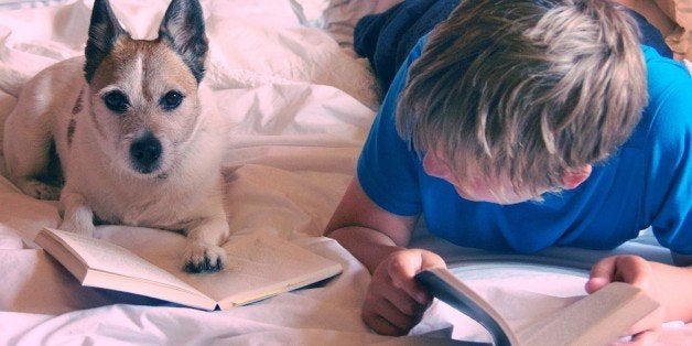 A boy and a dog both reading books on a bed